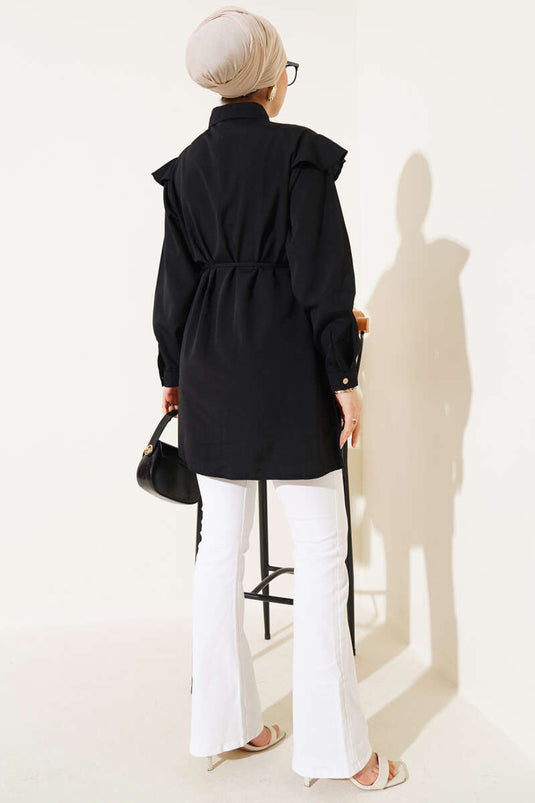 Omuz Fırfırlı Şeritli Kuşaklı Gömlek Siyah