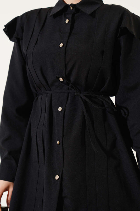 Omuz Fırfırlı Şeritli Kuşaklı Gömlek Siyah