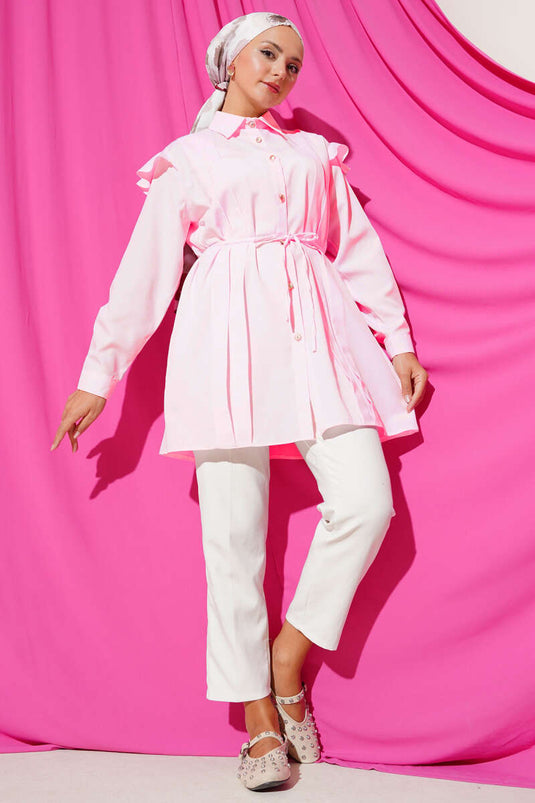 Chemise rayée à volants et ceinture, rose poudré