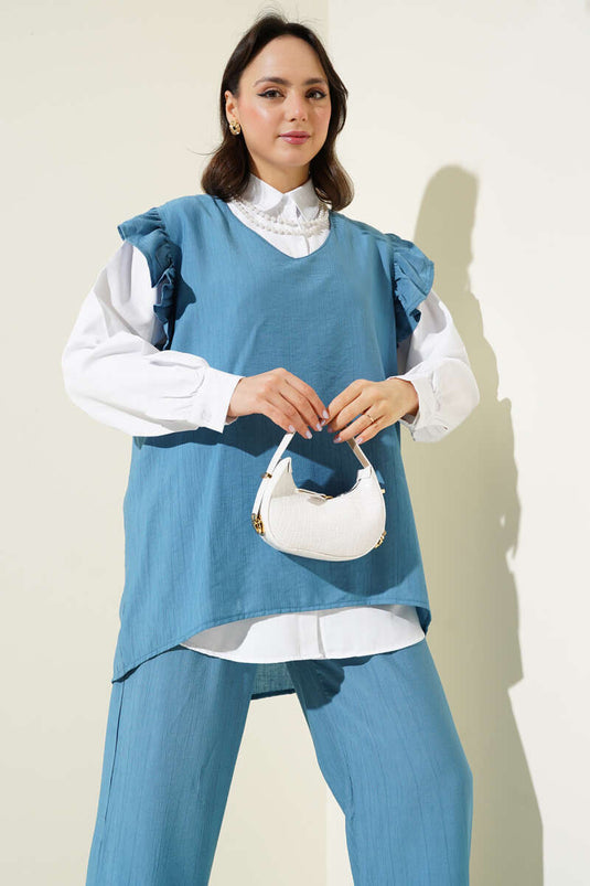 Omuz Fırfırlı Süveterli Üçlü Takım Mavi