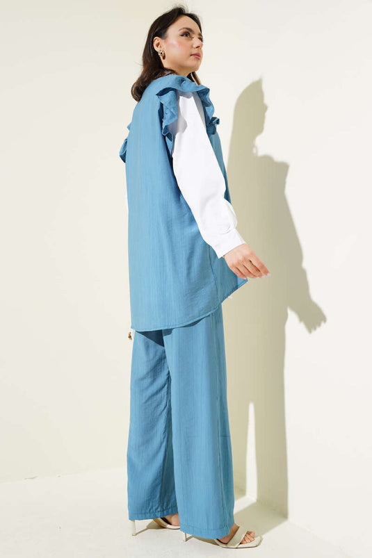 Omuz Fırfırlı Süveterli Üçlü Takım Mavi