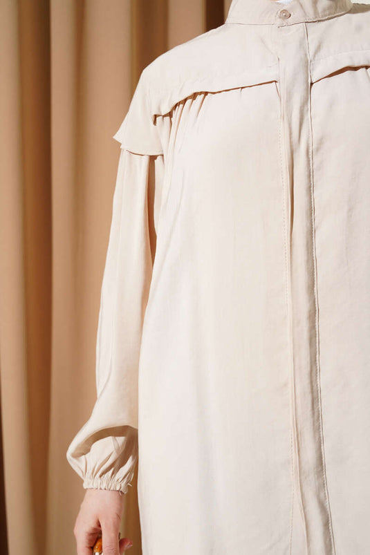 Shoulder Frilled Tencel Tunic Two Piece Set Beige