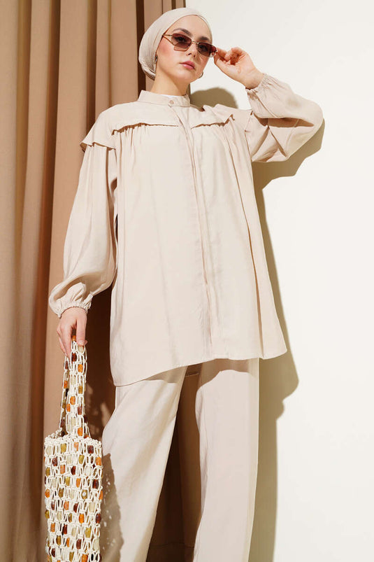 Shoulder Frilled Tencel Tunic Two Piece Set Beige