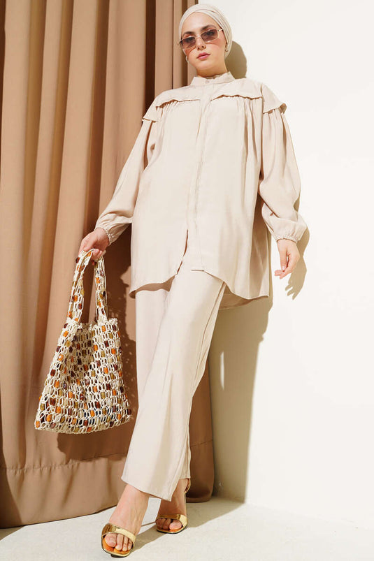 Shoulder Frilled Tencel Tunic Two Piece Set Beige