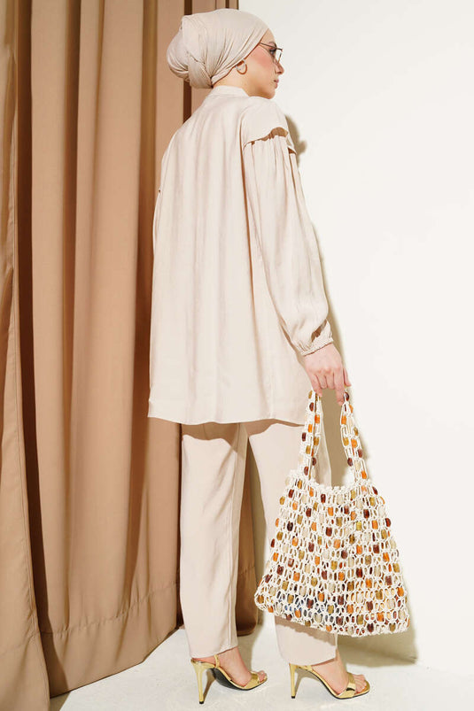 Shoulder Frilled Tencel Tunic Two Piece Set Beige