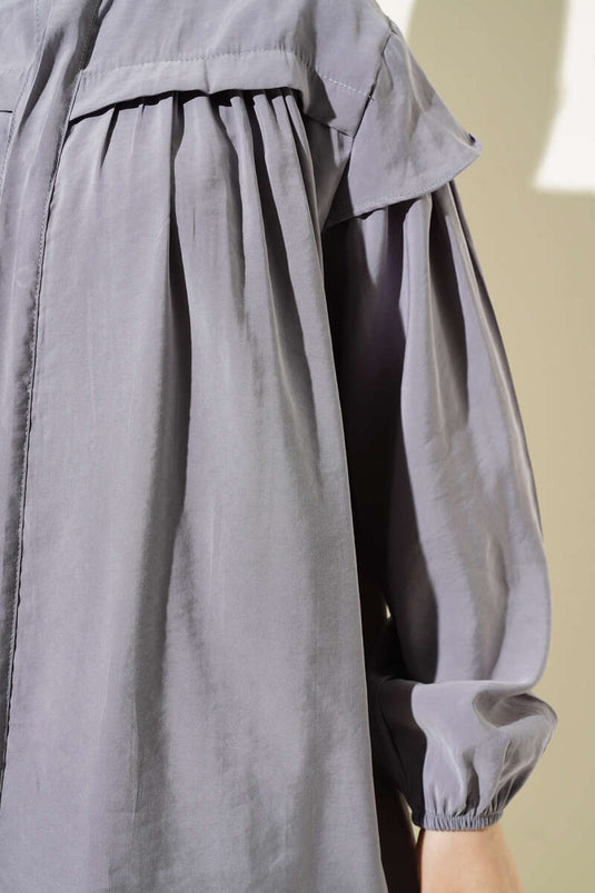 Shoulder Frilled Tencel Tunic Two Piece Set Gray