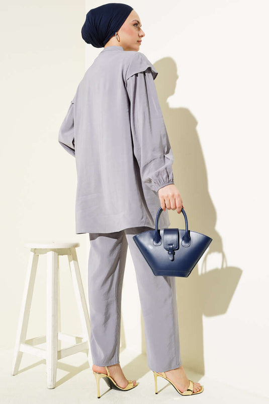 Shoulder Frilled Tencel Tunic Two Piece Set Gray