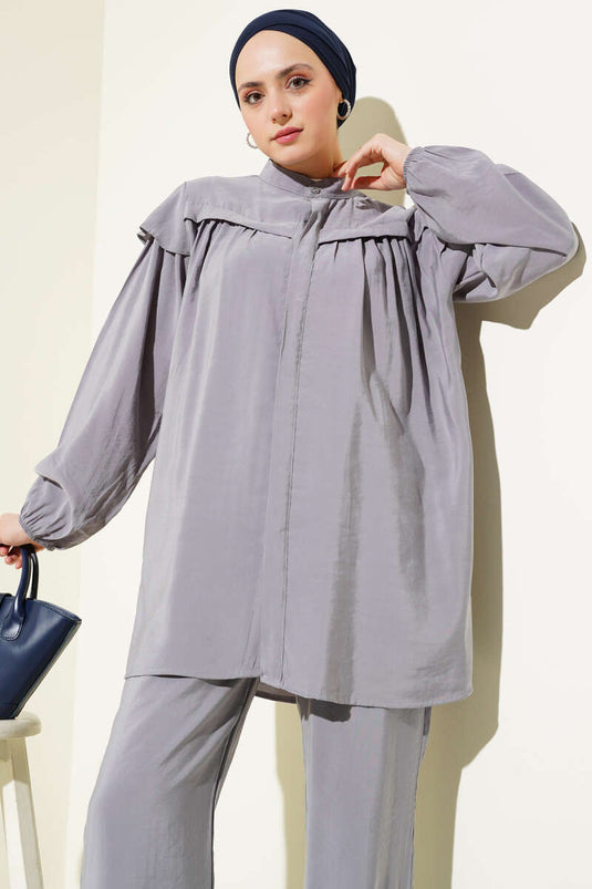 Shoulder Frilled Tencel Tunic Two Piece Set Gray