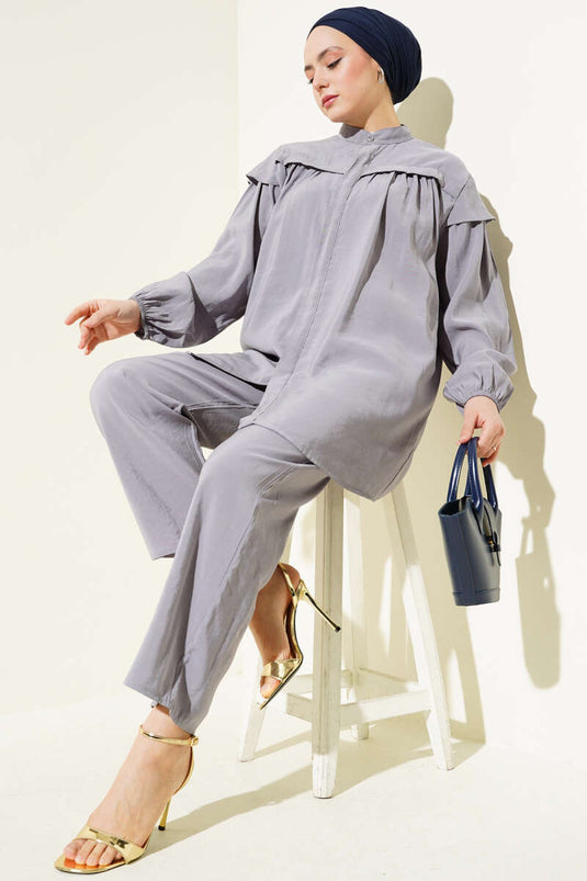 Shoulder Frilled Tencel Tunic Two Piece Set Gray