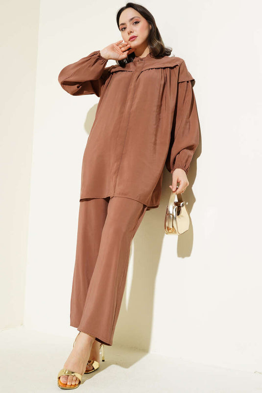 طقم تونيك تنسل بكشكشة على الكتف من قطعتين، بني