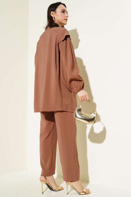 طقم تونيك تنسل بكشكشة على الكتف من قطعتين، بني