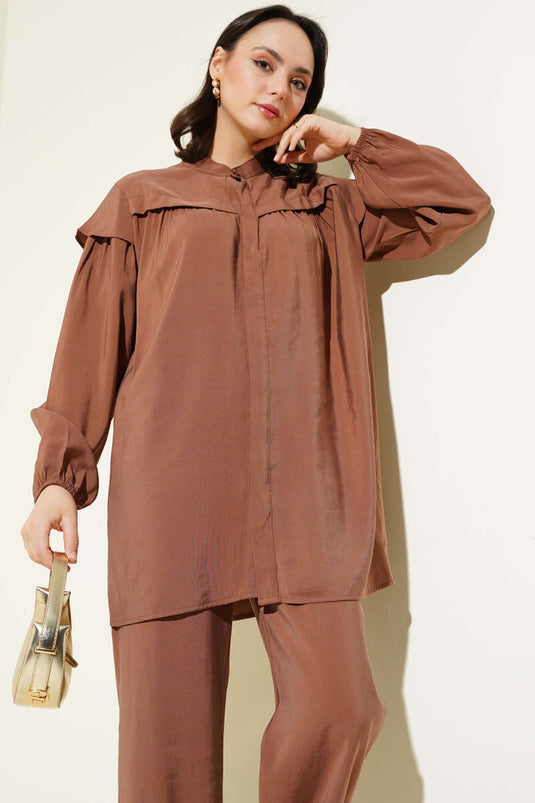 طقم تونيك تنسل بكشكشة على الكتف من قطعتين، بني