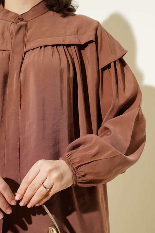 طقم تونيك تنسل بكشكشة على الكتف من قطعتين، بني