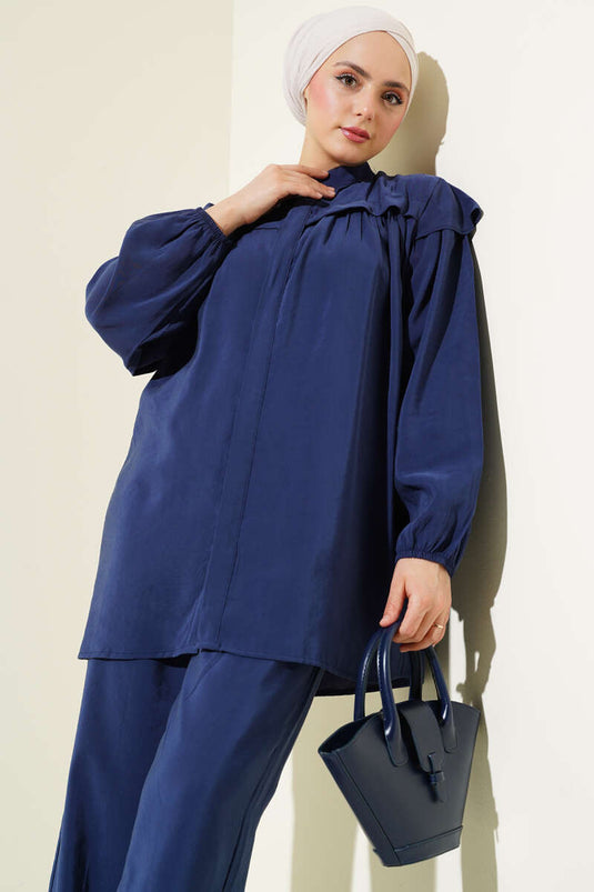 Shoulder Frilled Tencel Tunic Two Piece Set Navy Blue