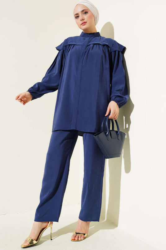 Shoulder Frilled Tencel Tunic Two Piece Set Navy Blue