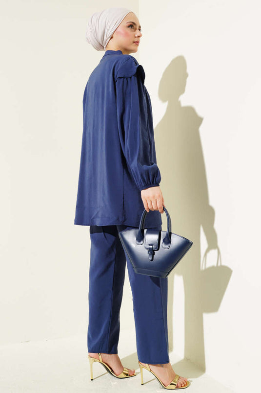 Shoulder Frilled Tencel Tunic Two Piece Set Navy Blue