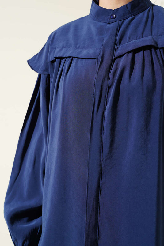 Shoulder Frilled Tencel Tunic Two Piece Set Navy Blue