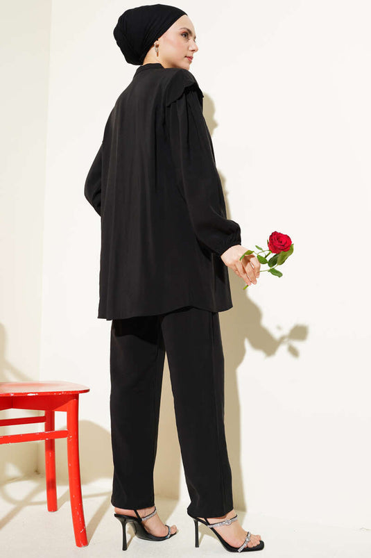 Shoulder Frilled Tencel Tunic Two Piece Set Black