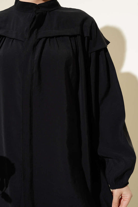 Shoulder Frilled Tencel Tunic Two Piece Set Black