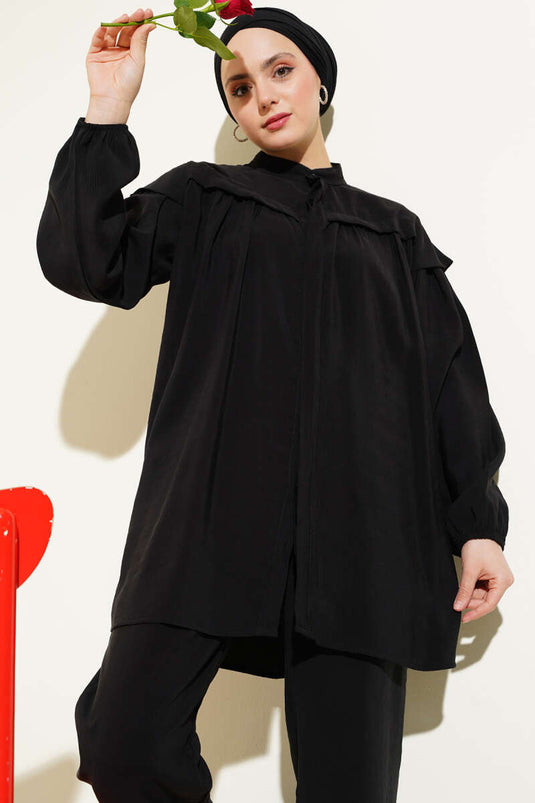 Shoulder Frilled Tencel Tunic Two Piece Set Black