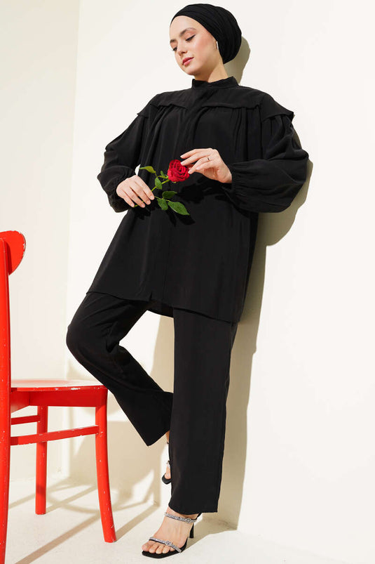 Shoulder Frilled Tencel Tunic Two Piece Set Black