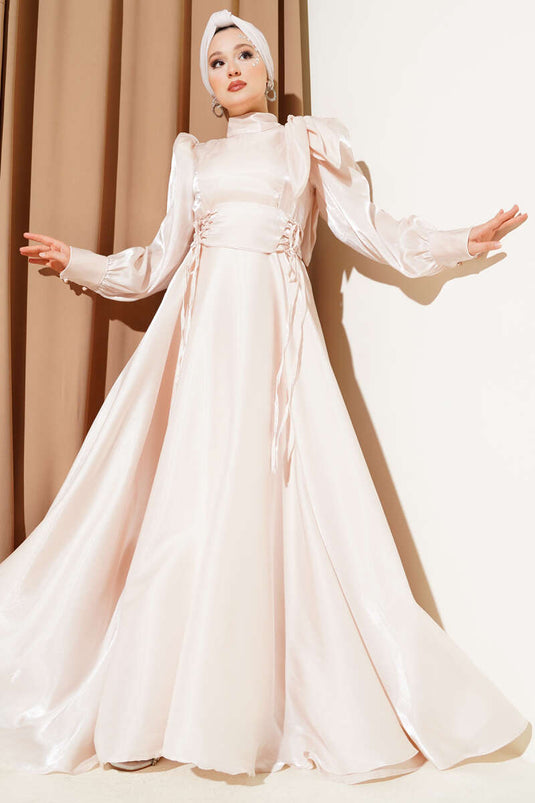 Shiny Evening Dress with Shoulder Bow Beige