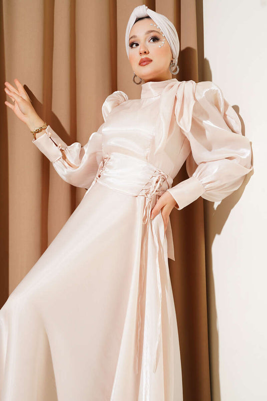 Shiny Evening Dress with Shoulder Bow Beige