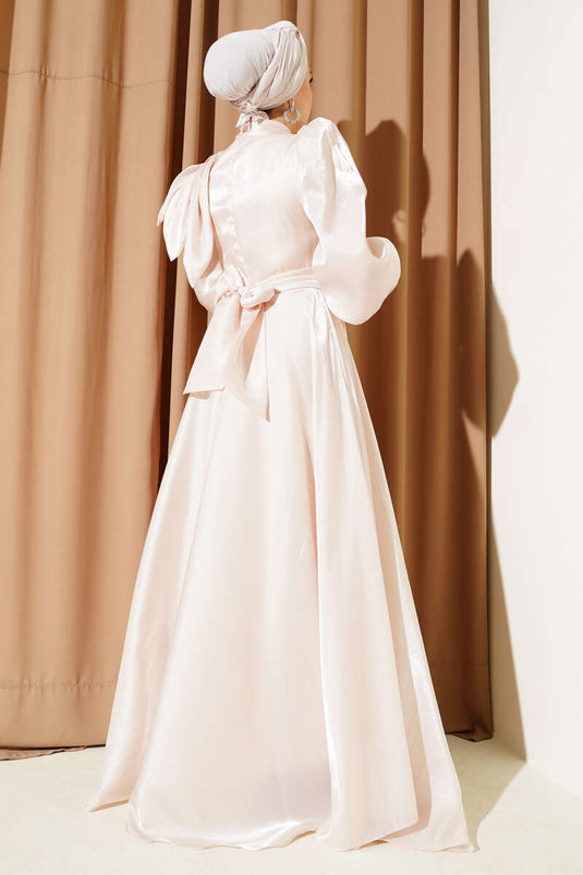 Shiny Evening Dress with Shoulder Bow Beige