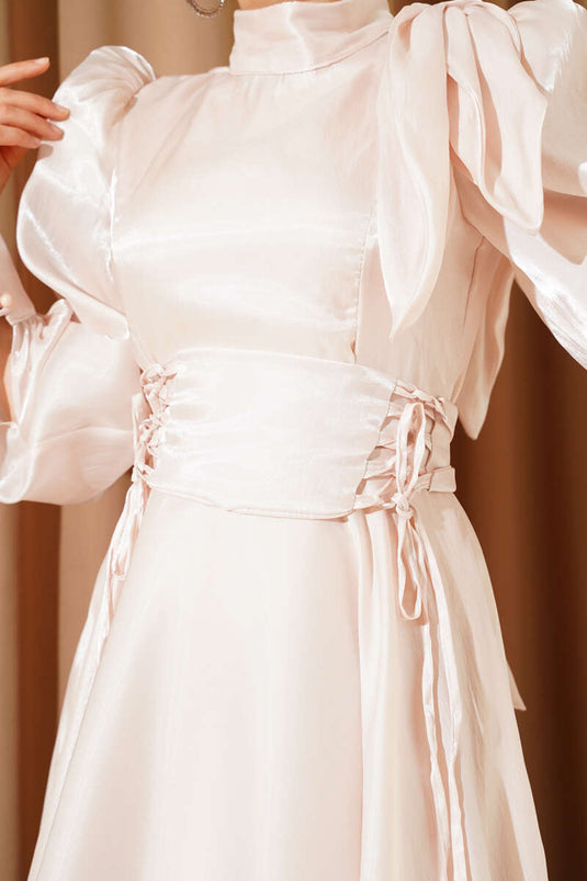 Shiny Evening Dress with Shoulder Bow Beige