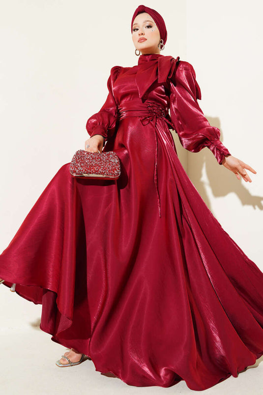 Glänzendes Abendkleid mit Schulterschleife, Burgund