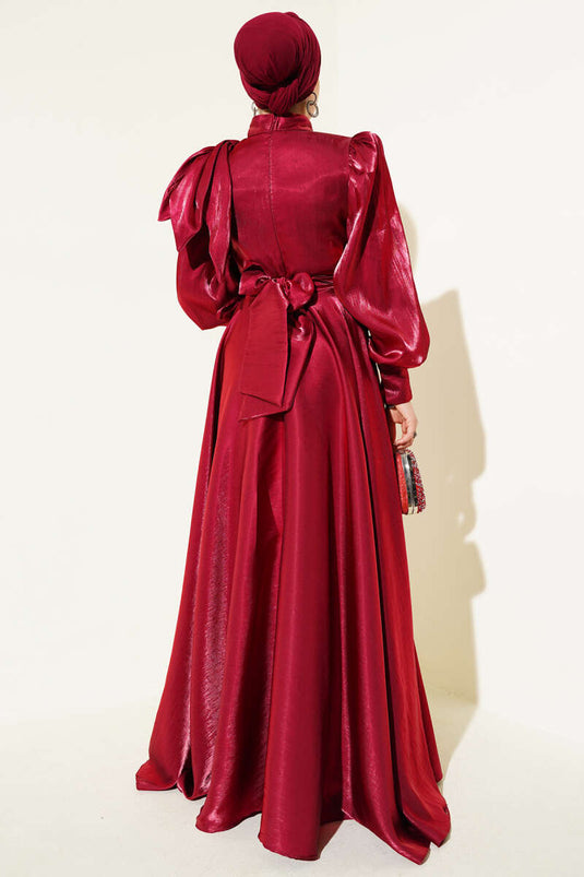 Glänzendes Abendkleid mit Schulterschleife, Burgund