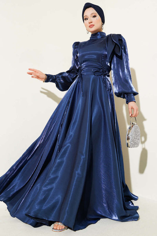Shiny Evening Dress with Shoulder Bow in Navy Blue