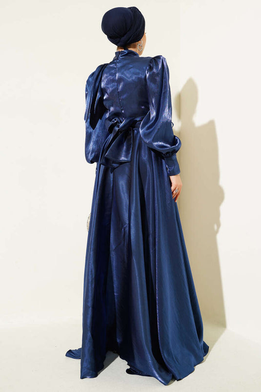 Shiny Evening Dress with Shoulder Bow in Navy Blue