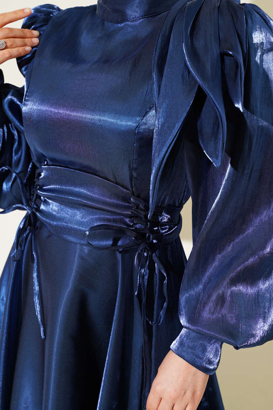 Shiny Evening Dress with Shoulder Bow in Navy Blue