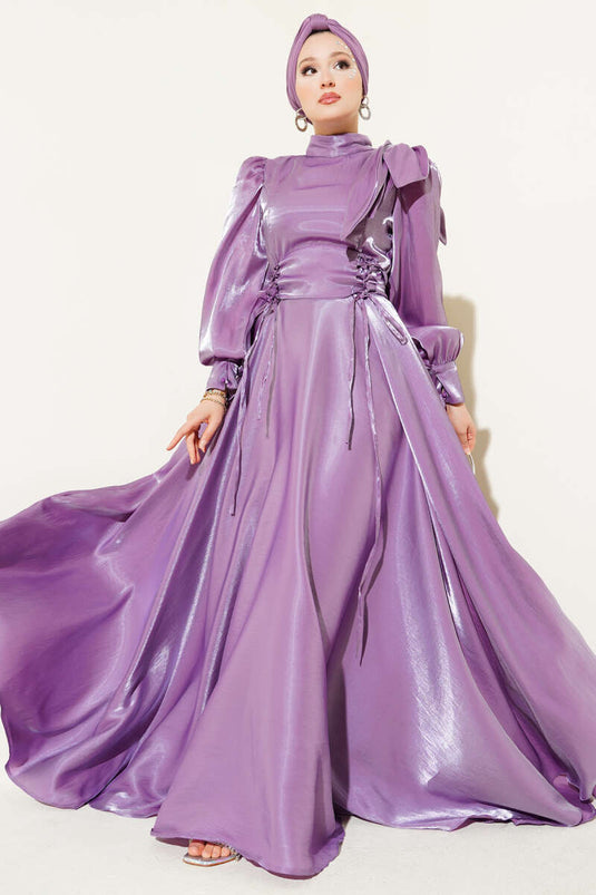 Omuz Fiyonklu Parlak Abiye Elbise Lila