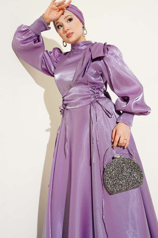 Omuz Fiyonklu Parlak Abiye Elbise Lila