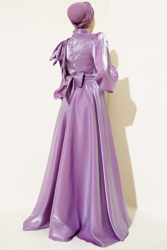 Omuz Fiyonklu Parlak Abiye Elbise Lila