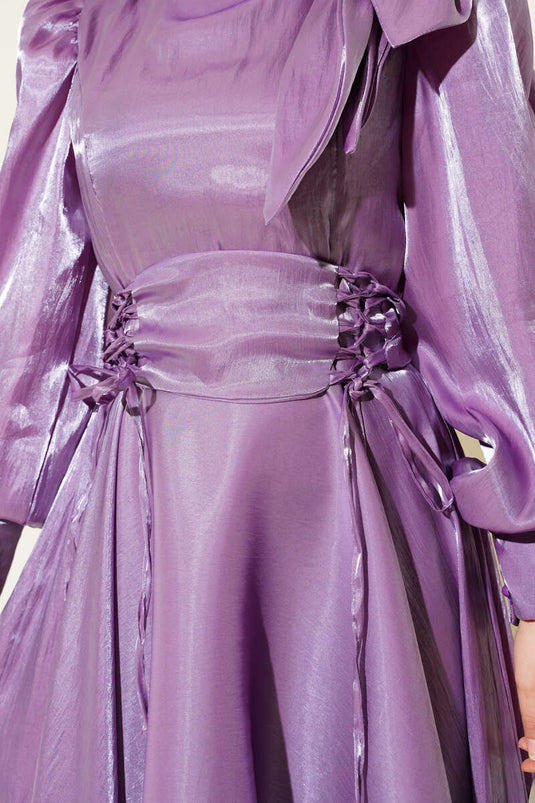 Omuz Fiyonklu Parlak Abiye Elbise Lila