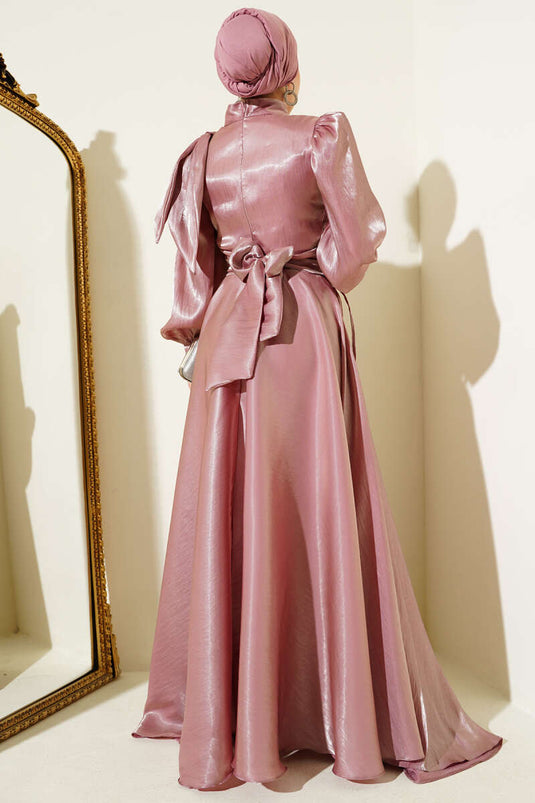 Omuz Fiyonklu Parlak Abiye Elbise Pudra