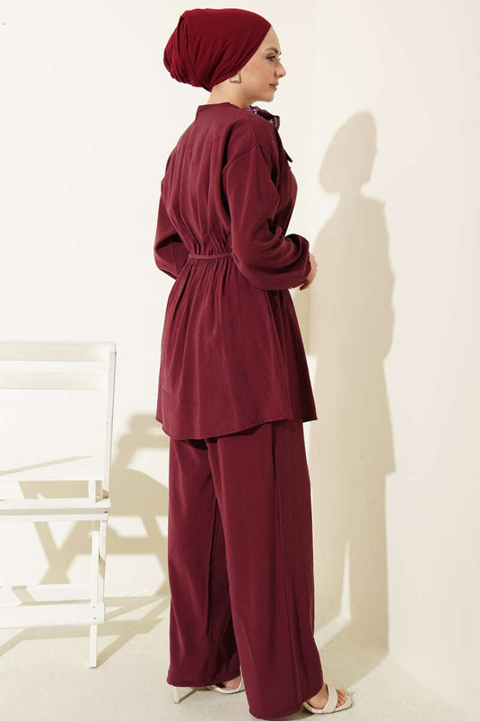Omuz Sjaal Taille Elastische Modal Tweedelige Set Bordeaux