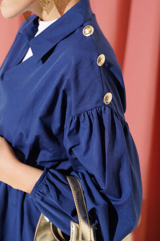 Omuz Gold Düğme Detaylı Tunik Lacivert