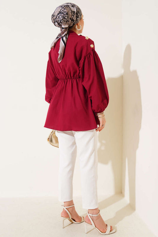 Shoulder Gold Button Detailed Tunic Claret Red