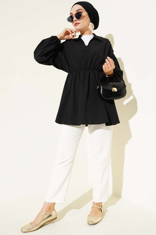 Black Tunic with Gold Button Detail on Shoulder