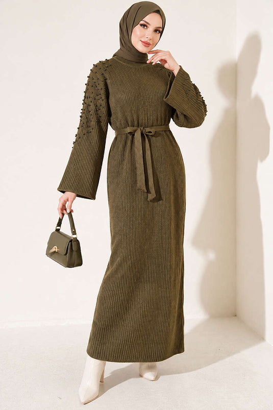 Robe En Maille À Perles Et Ceinture Kaki