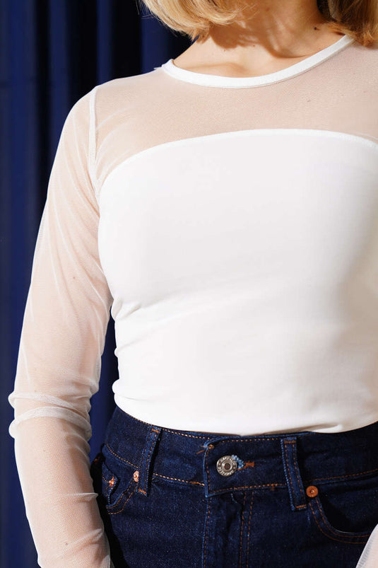 Shoulder Sleeve Tulle Blouse White