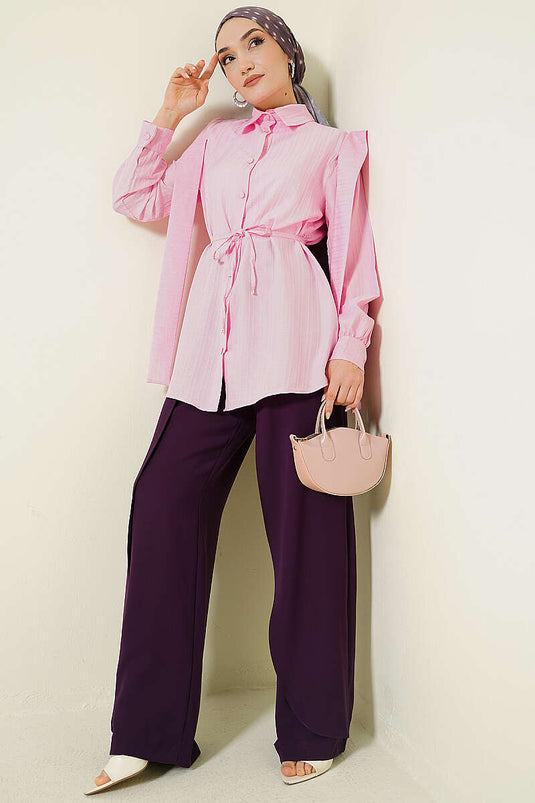 Shoulder Belted Striped Embossed Shirt Pink