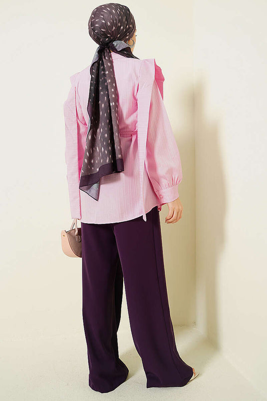 Shoulder Belted Striped Embossed Shirt Pink