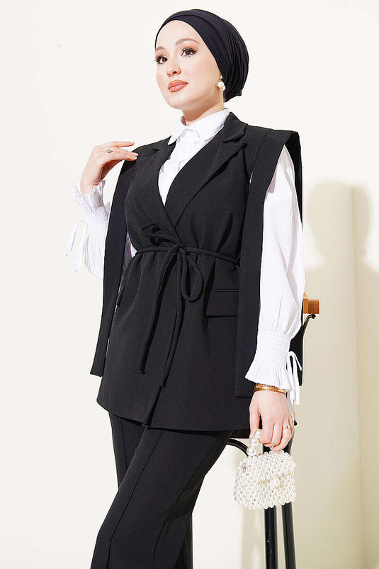 Two-Piece Set with Shoulder Belted Vest Black