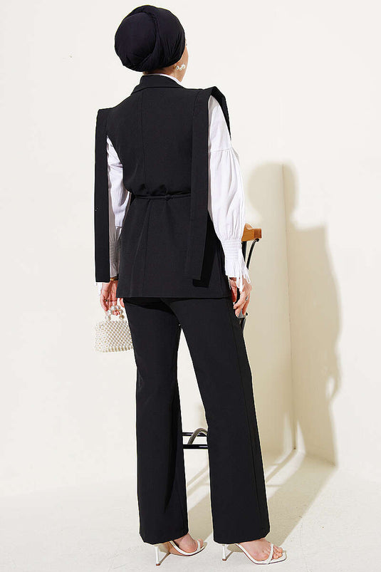 Two-Piece Set with Shoulder Belted Vest Black