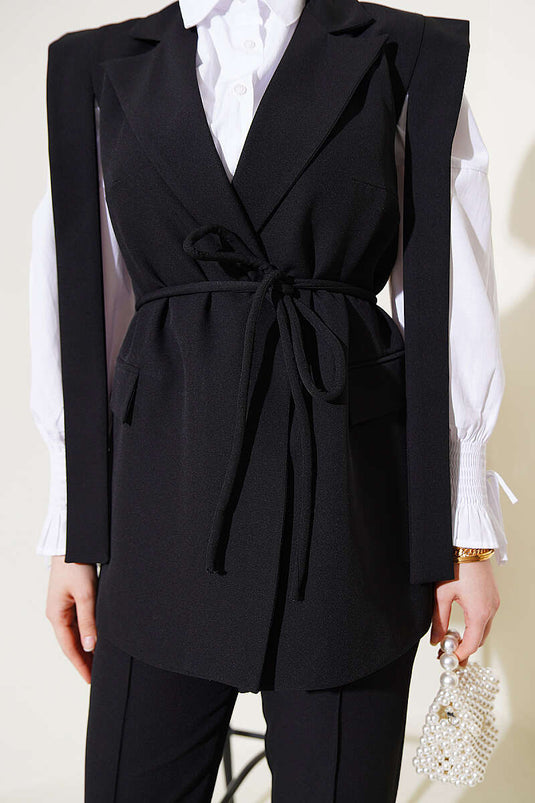 Two-Piece Set with Shoulder Belted Vest Black